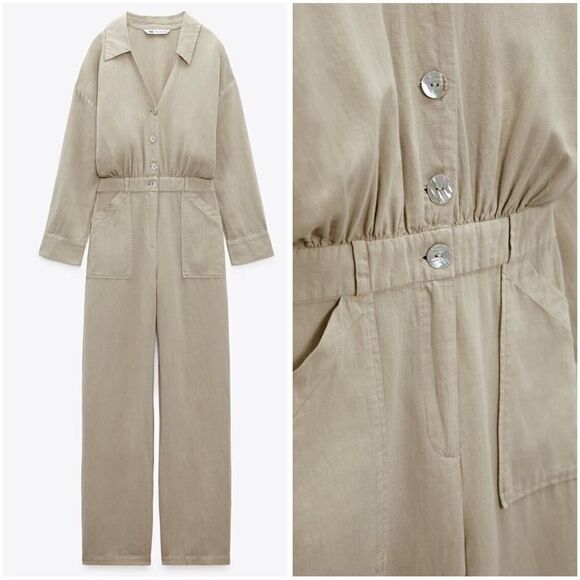 NWT LINEN BLEND LONG JUMPSUIT SAND L - Picture 2 of 6